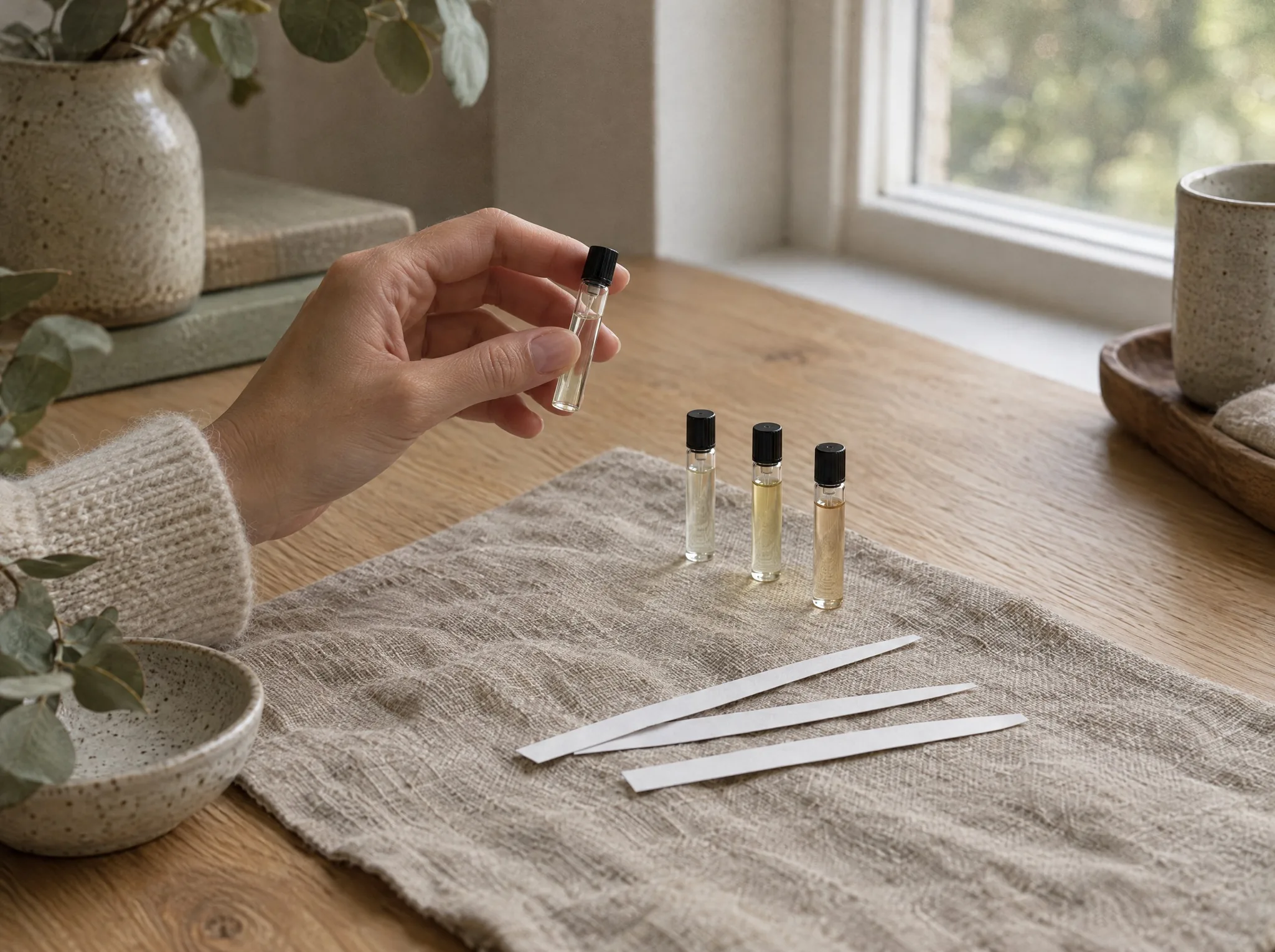 A hand holding a sample vial over linen, with paper blotters and two more vials