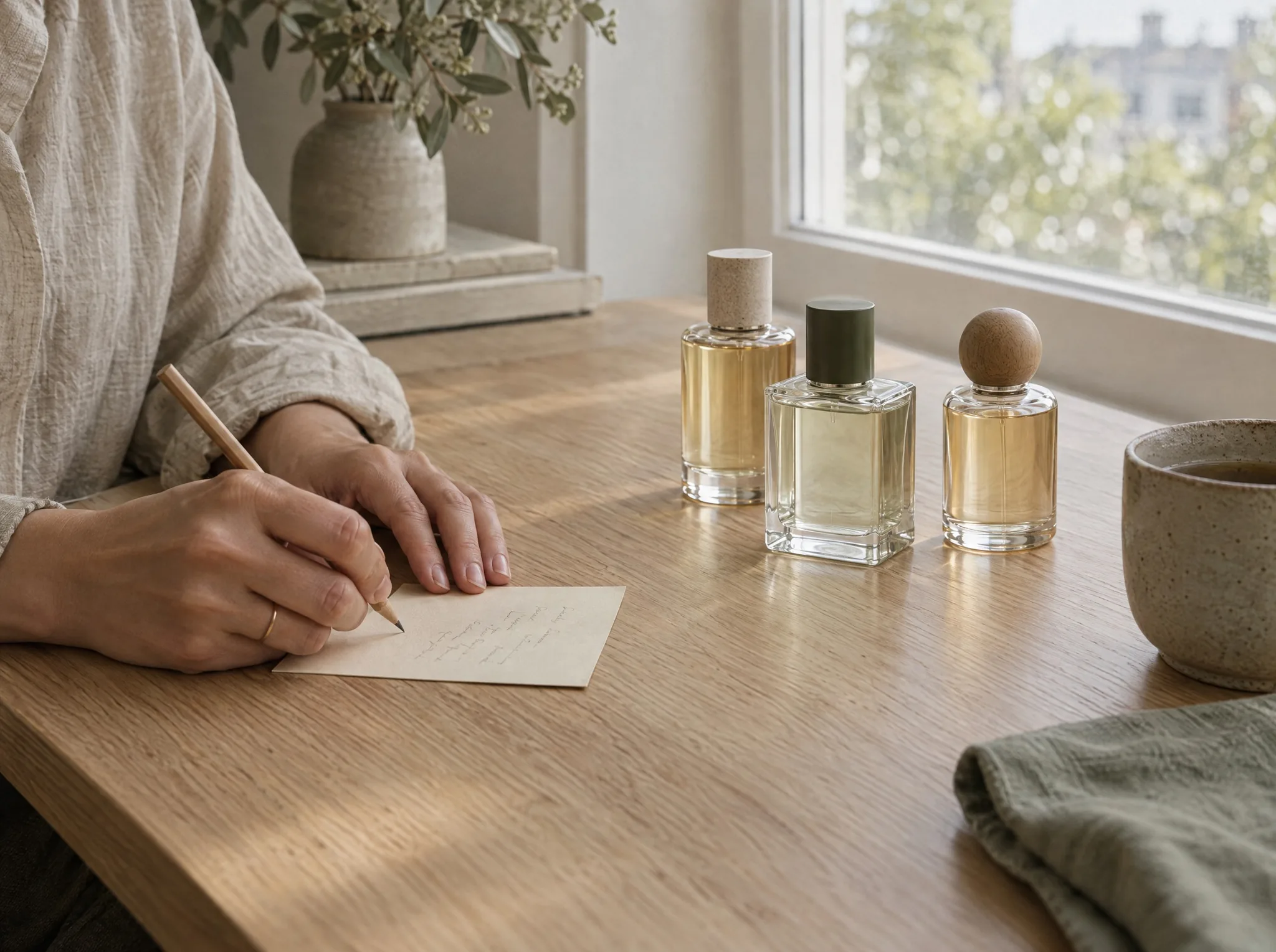 Someone writing a note at a window table beside three perfume bottles
