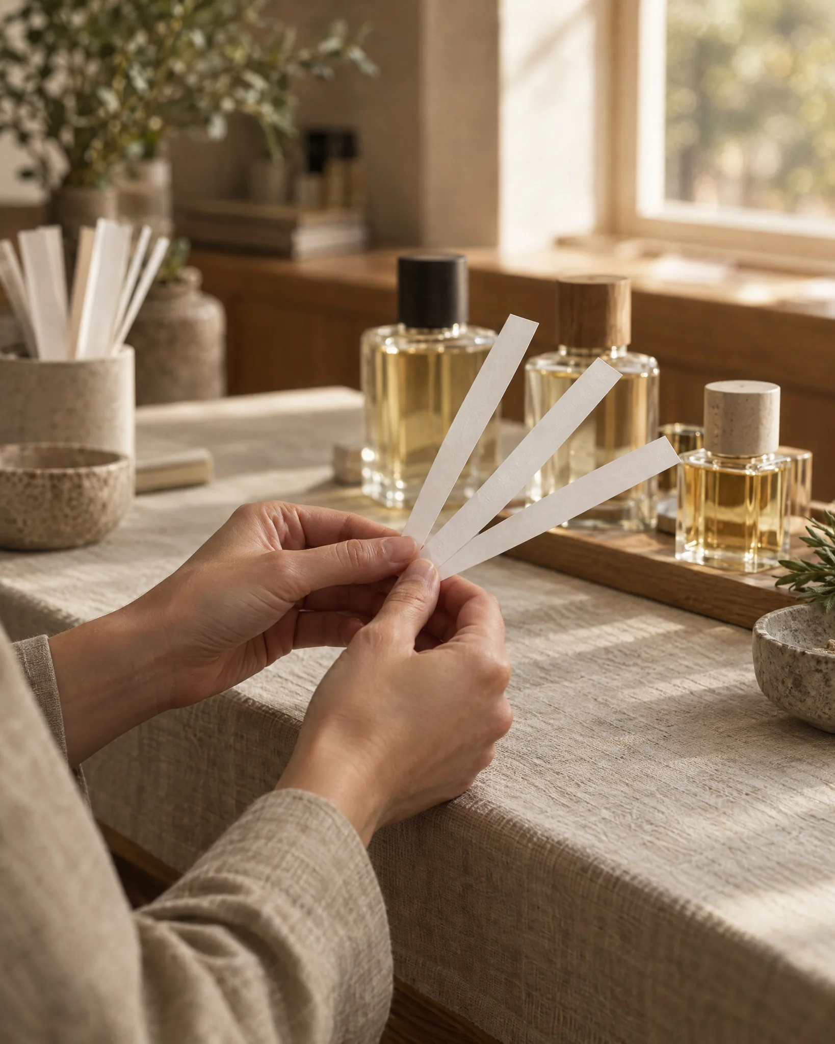 Hands fanning out paper blotters at a table with perfume bottles by a window