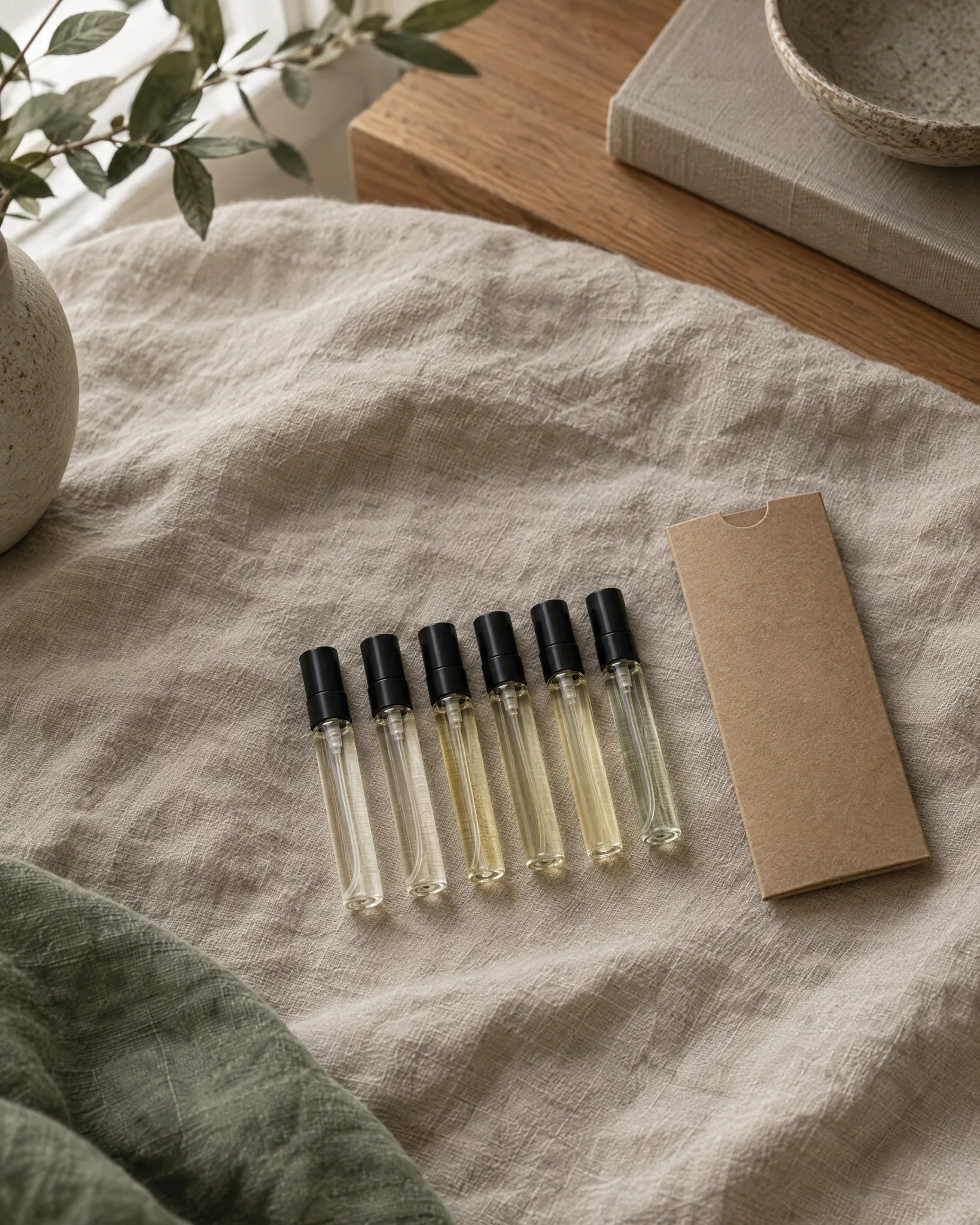 A row of sample vials and a kraft sleeve laid on linen