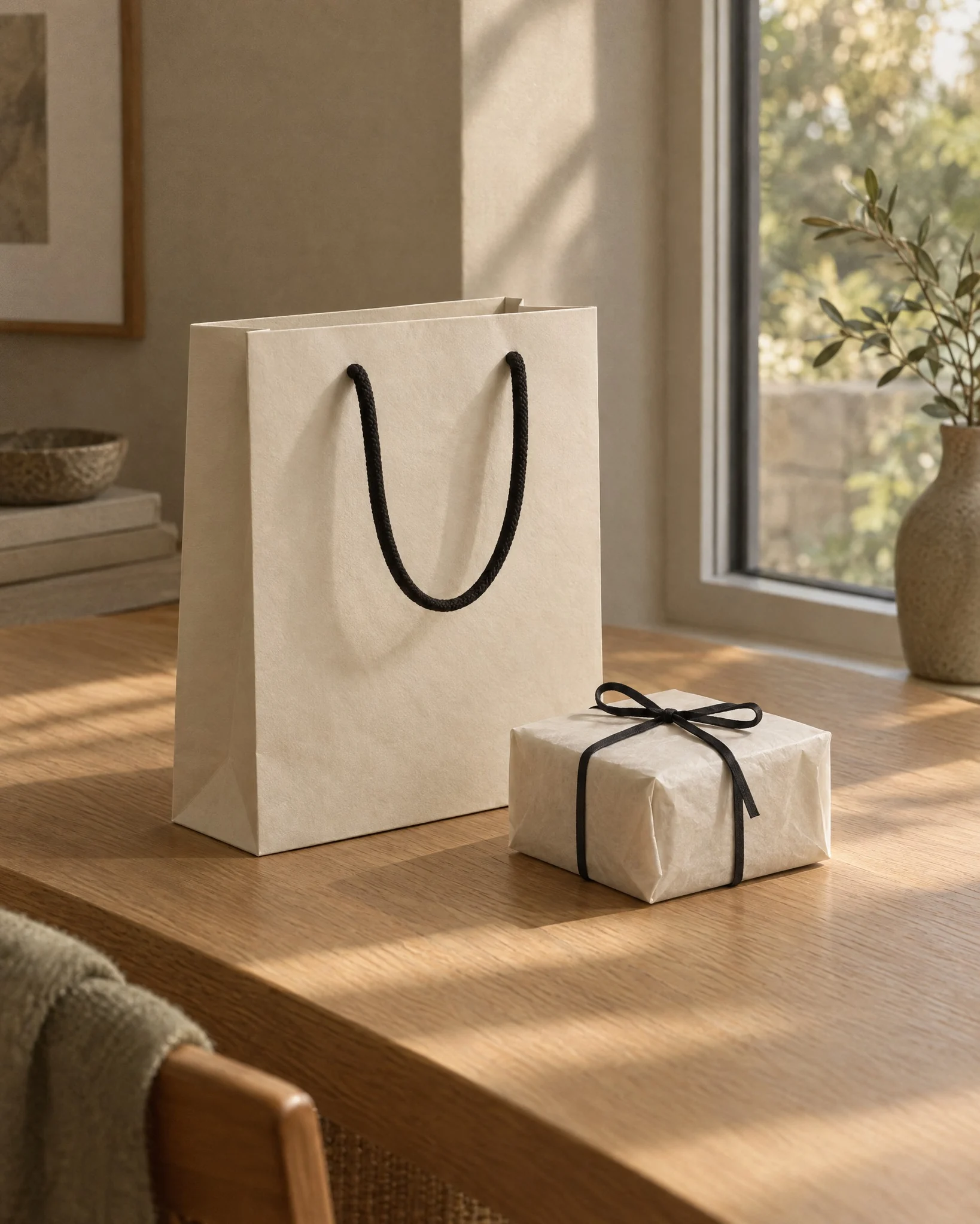 A paper shopping bag and a ribboned gift box on a wooden table