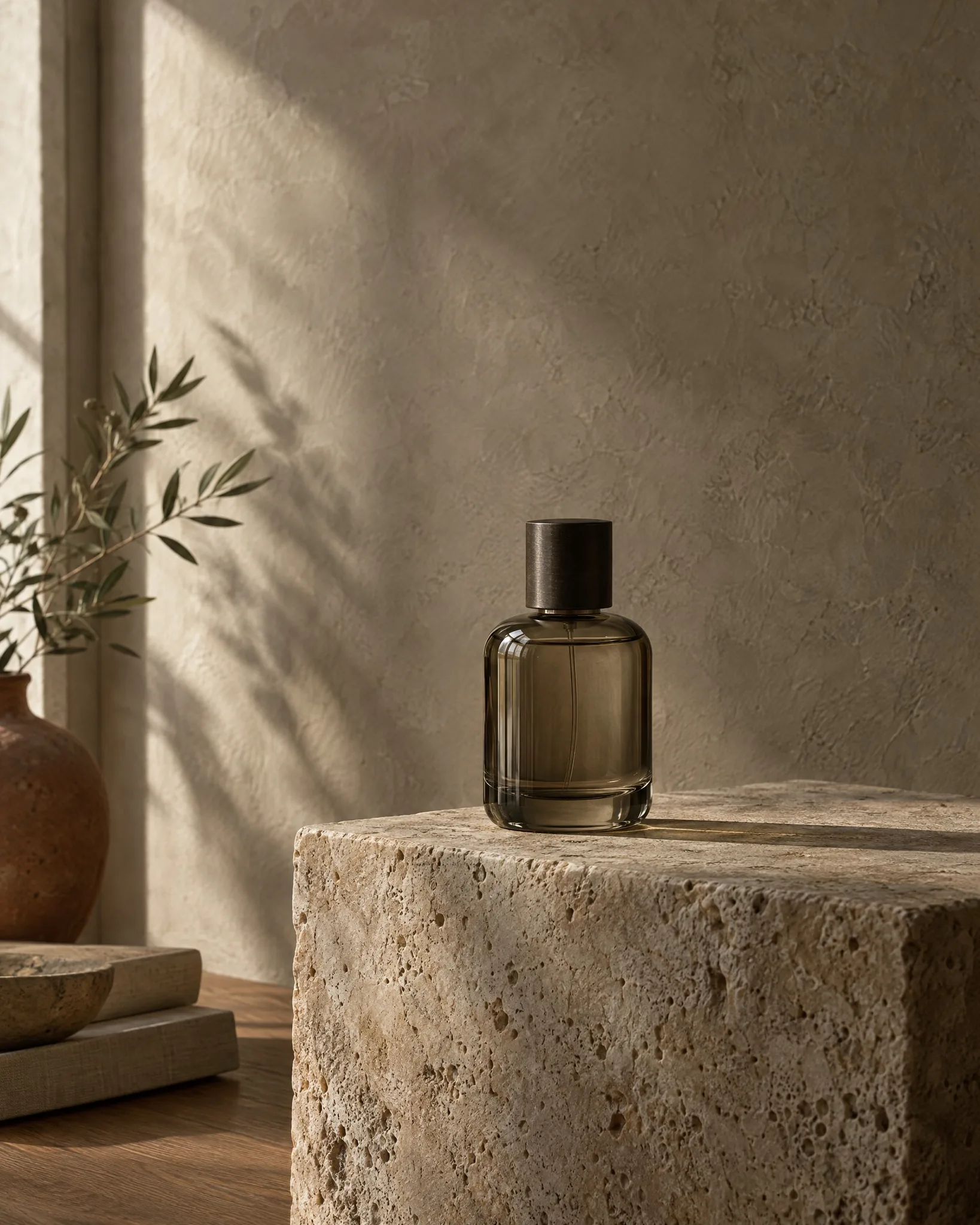 A single dark glass bottle on a travertine plinth beside an olive branch