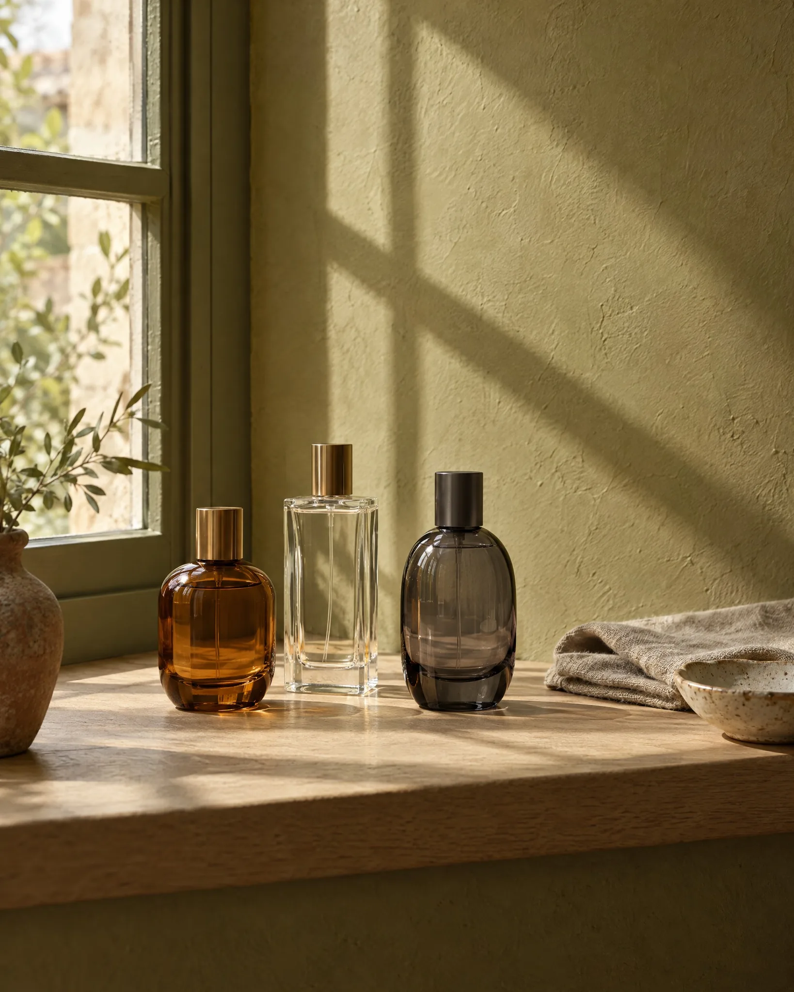 Three unlabelled perfume bottles on a sunlit windowsill