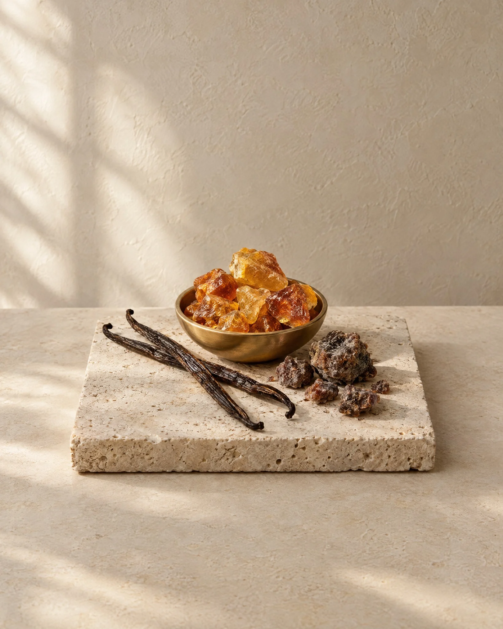 Amber: resin, vanilla pods and benzoin on stone