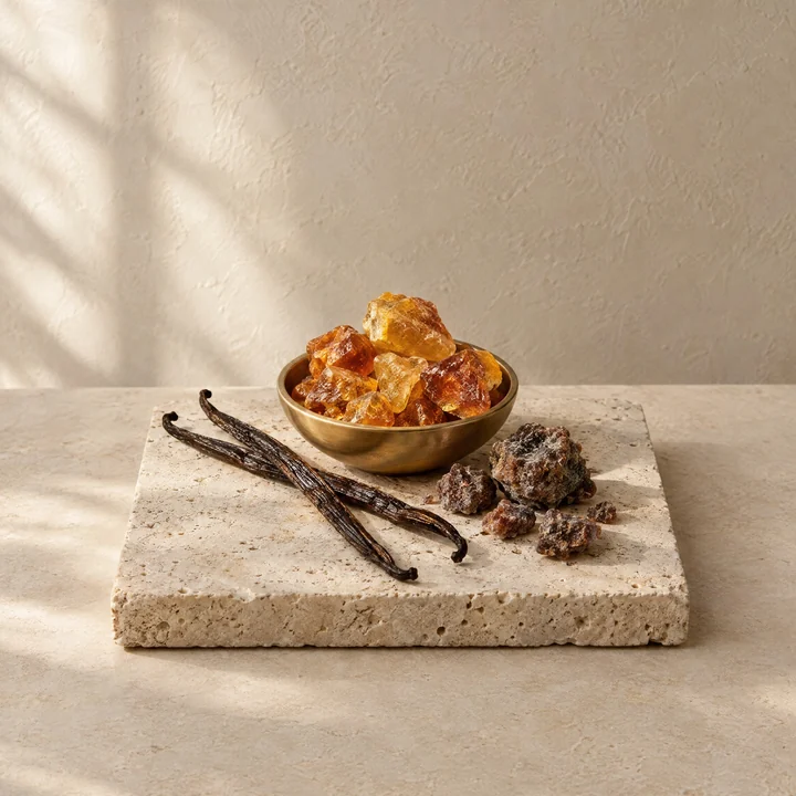 Amber: resin, vanilla pods and benzoin on stone