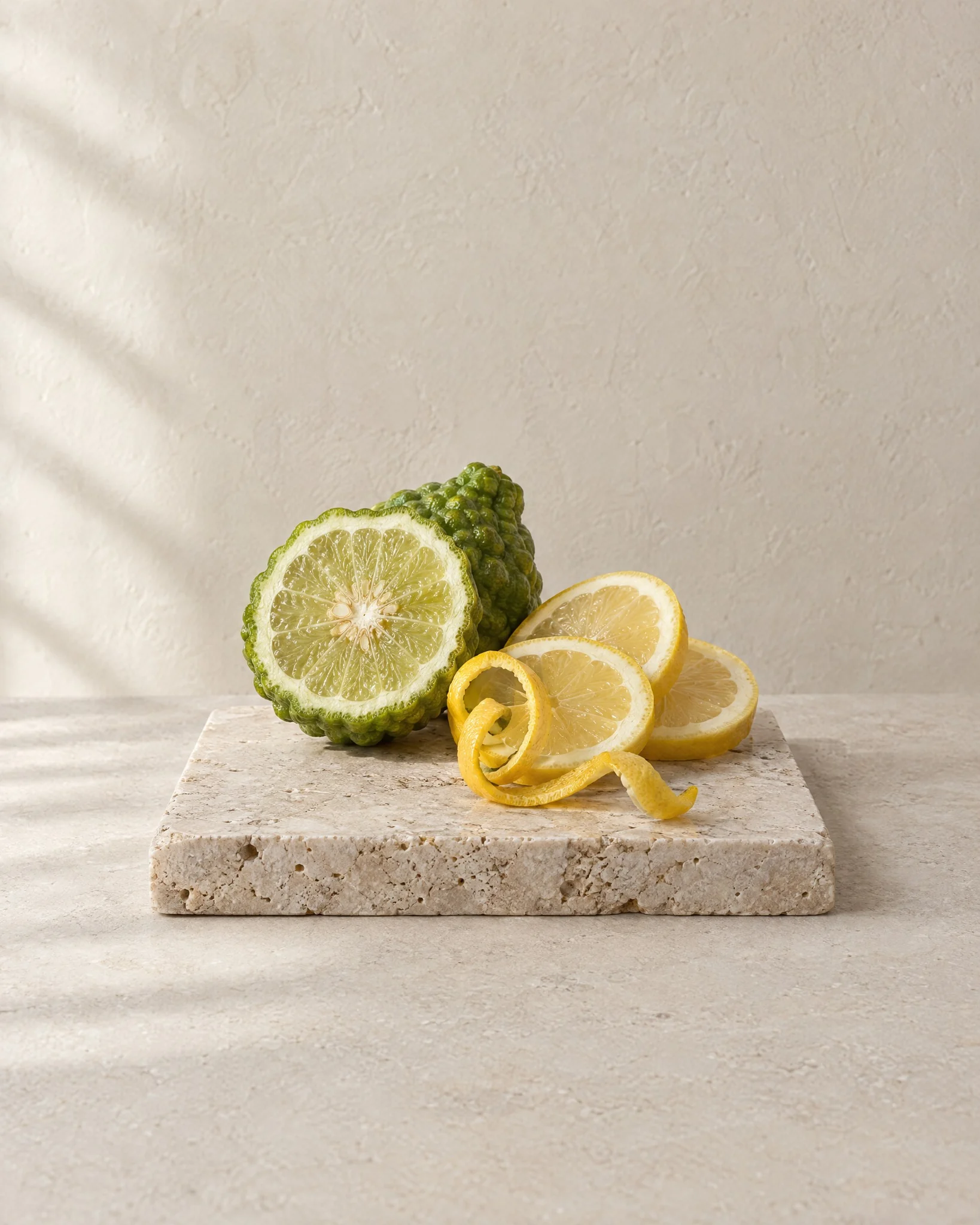 Citrus: lime, bergamot and lemon peel on stone