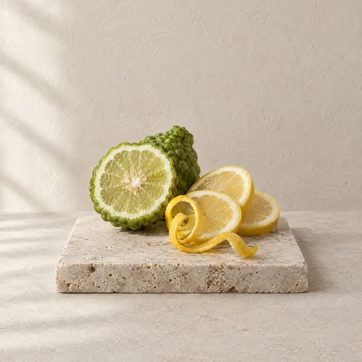Citrus: lime, bergamot and lemon peel on stone