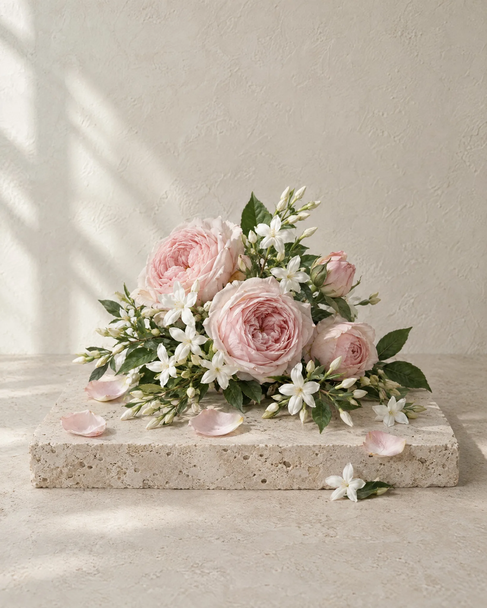 Floral: pink roses and white jasmine on stone