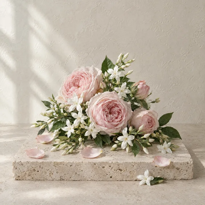 Floral: pink roses and white jasmine on stone