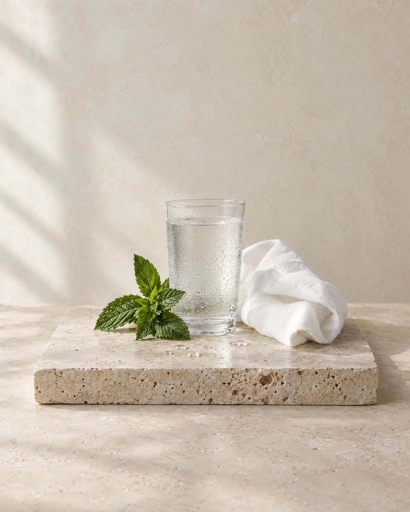 Fresh: a glass of water, mint and white linen on stone
