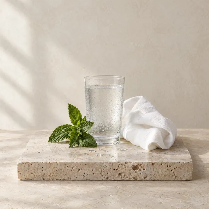 Fresh: a glass of water, mint and white linen on stone