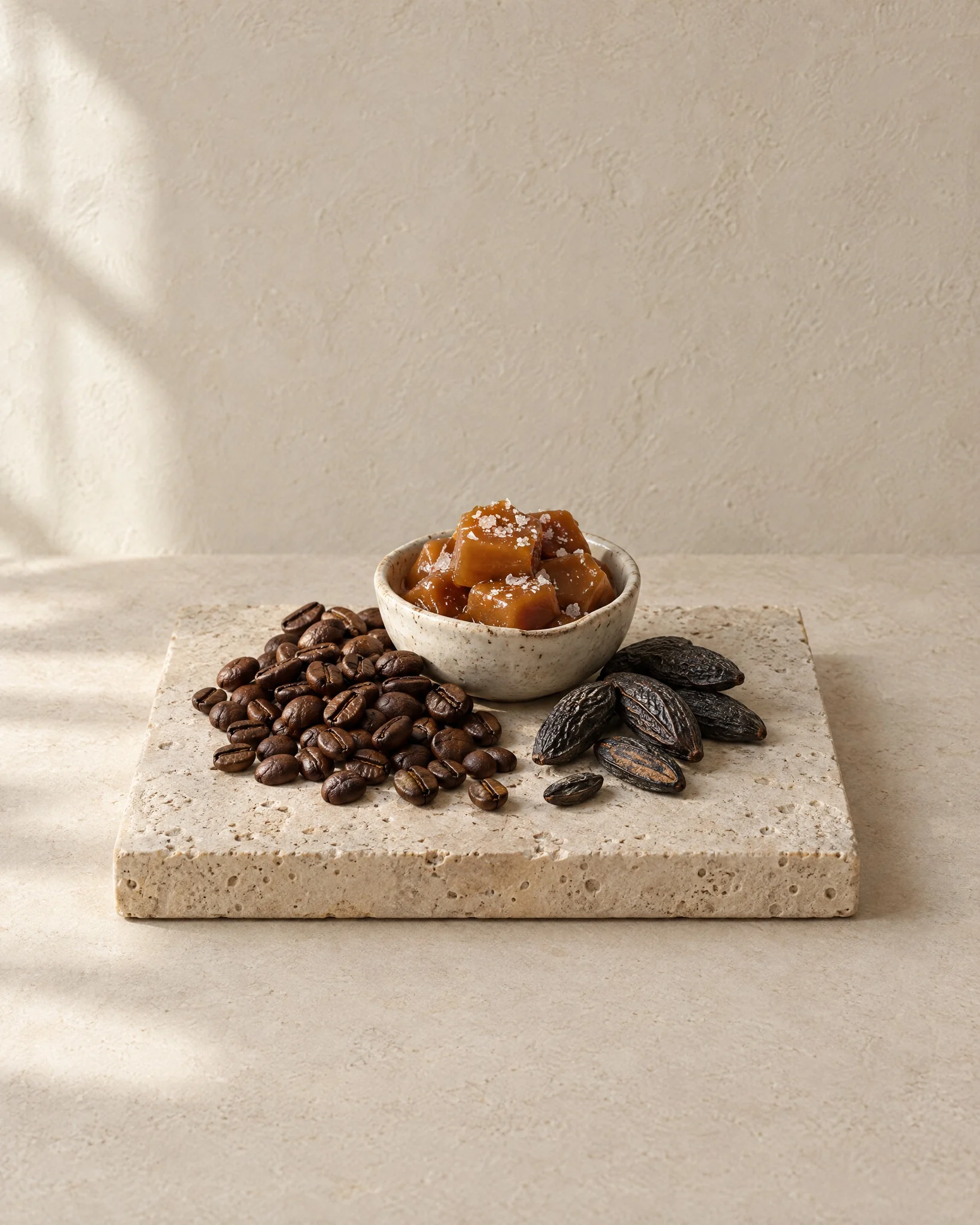 Gourmand: coffee beans, tonka and caramel on stone