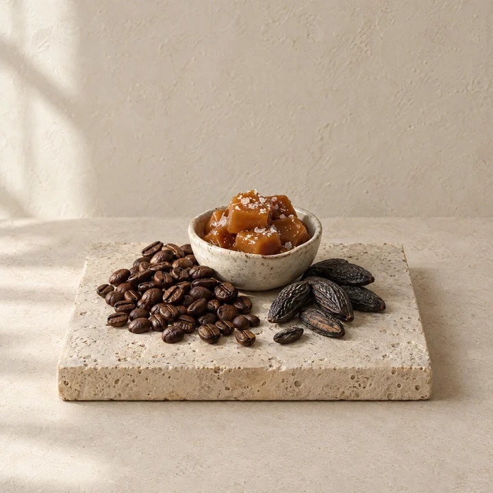Gourmand: coffee beans, tonka and caramel on stone