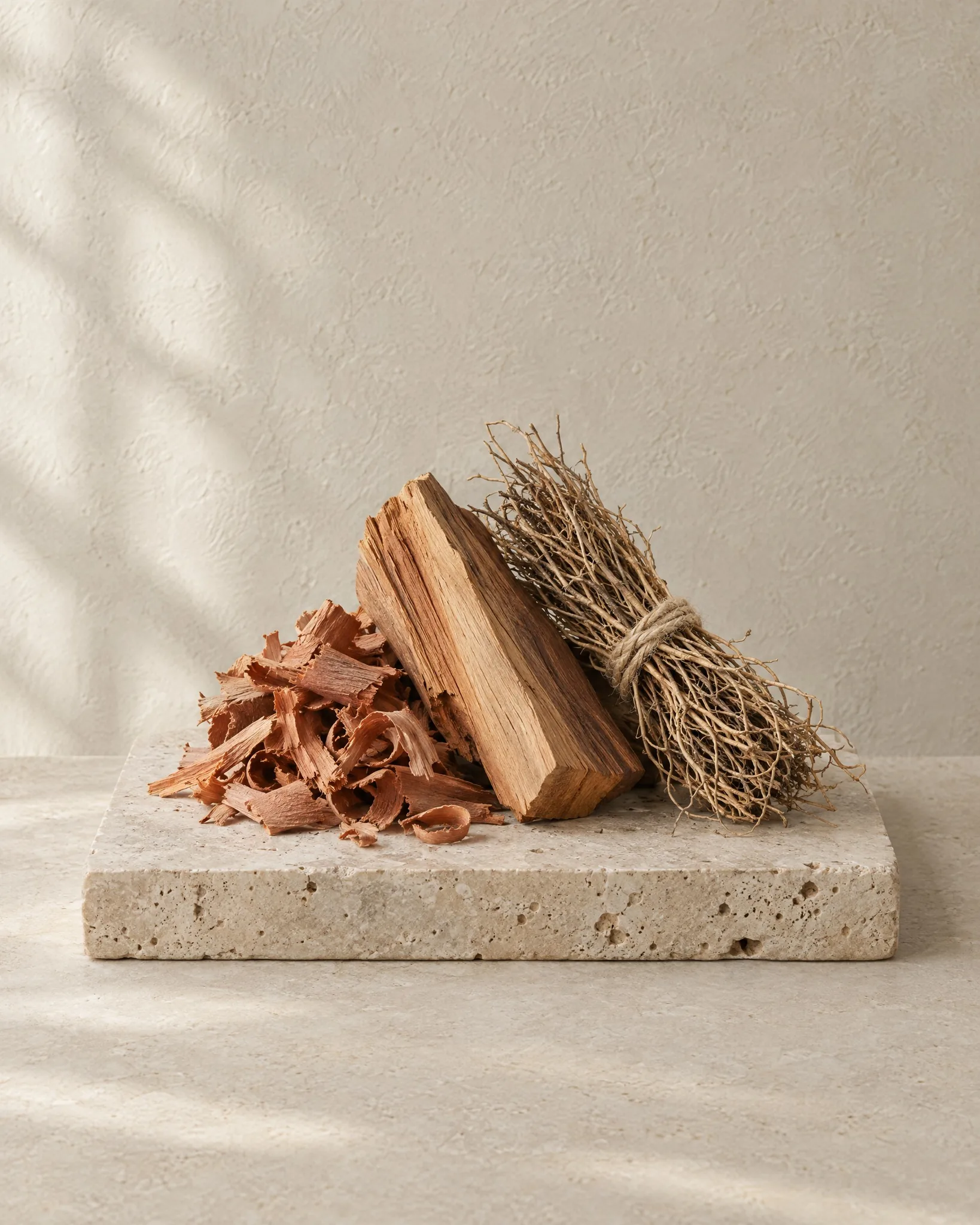Woody: cedar shavings and a bundle of vetiver roots on stone