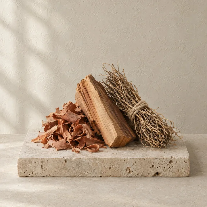 Woody: cedar shavings and a bundle of vetiver roots on stone