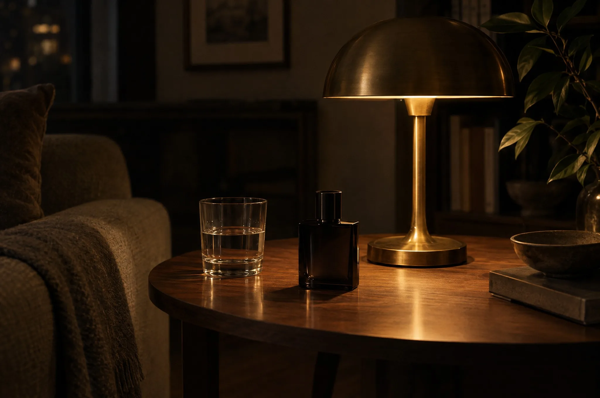 A dark perfume bottle on a side table under a brass lamp at night
