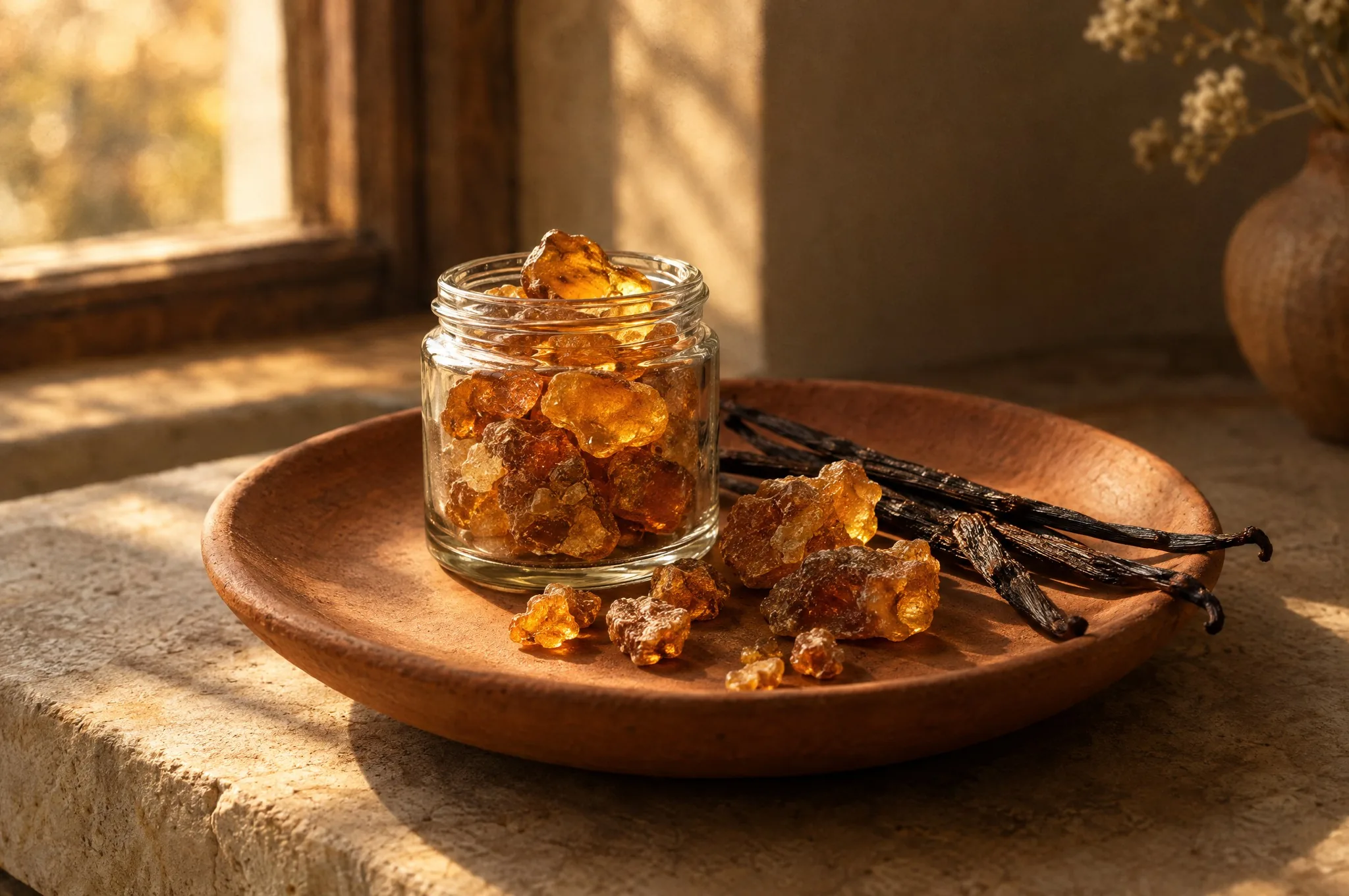A jar of amber resin and vanilla pods on a terracotta plate