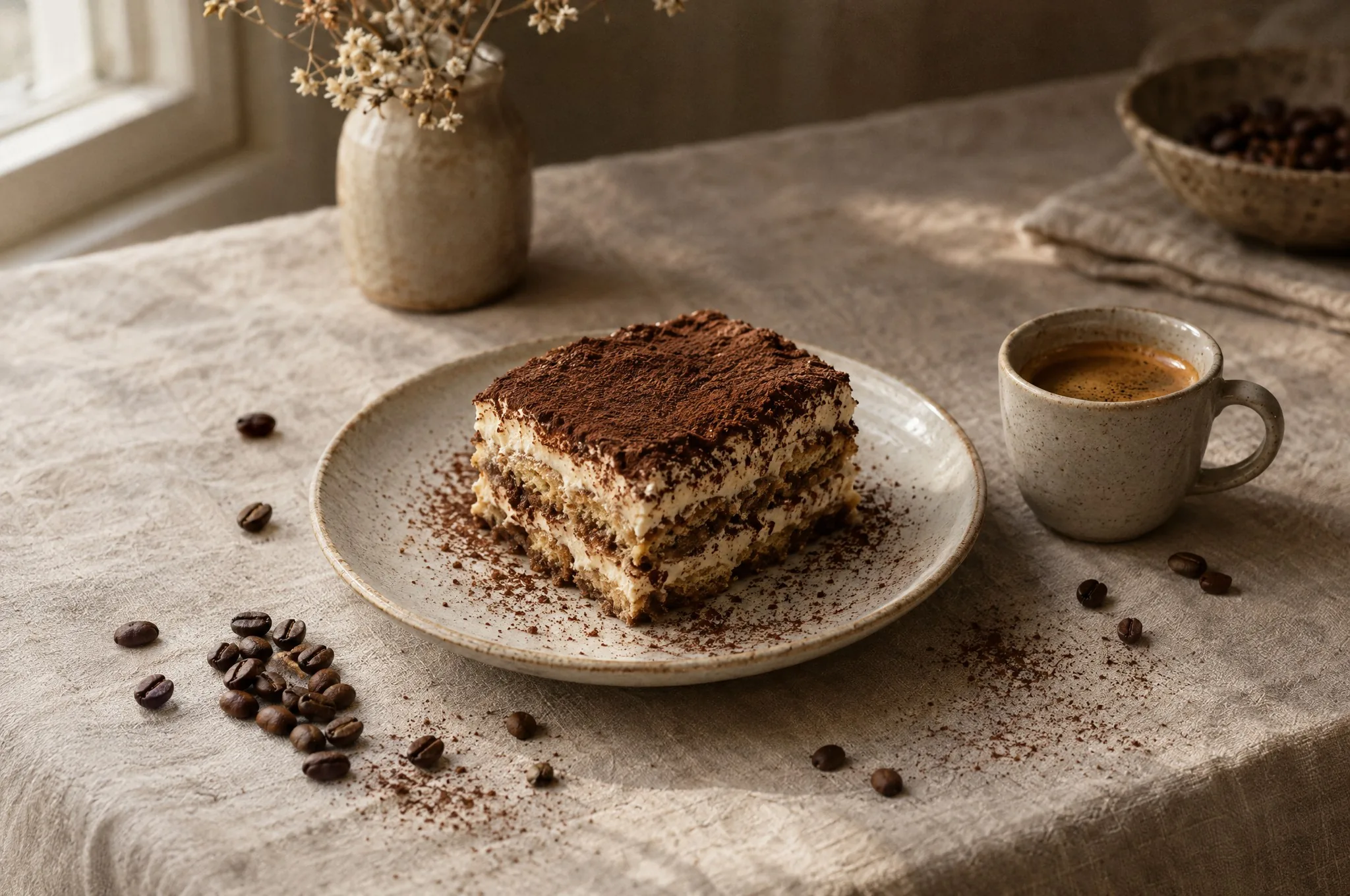 A slice of tiramisu and a cup of coffee on a linen tablecloth, coffee beans scattered around