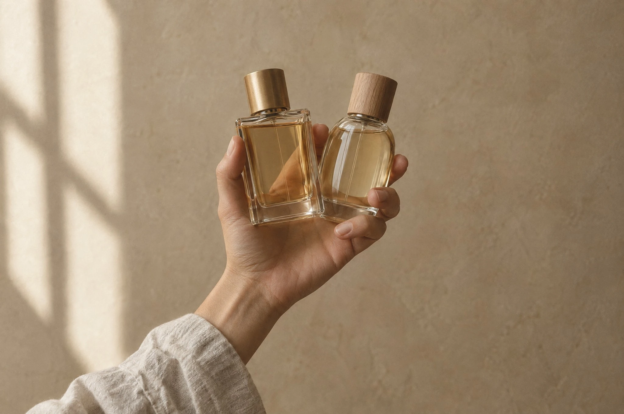 A hand holding two perfume bottles together in window light