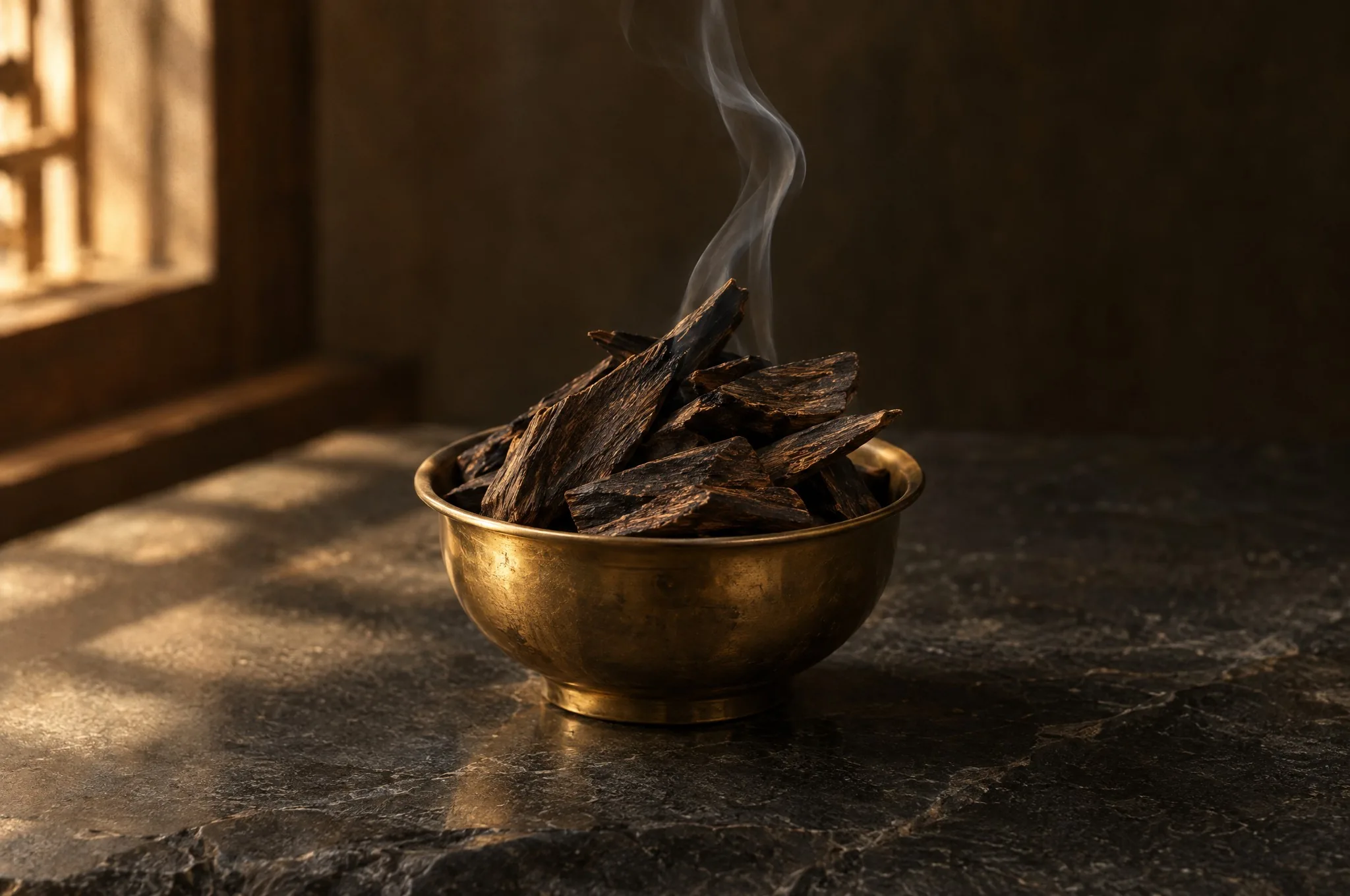 Smoking oud wood chips in a brass bowl on dark stone
