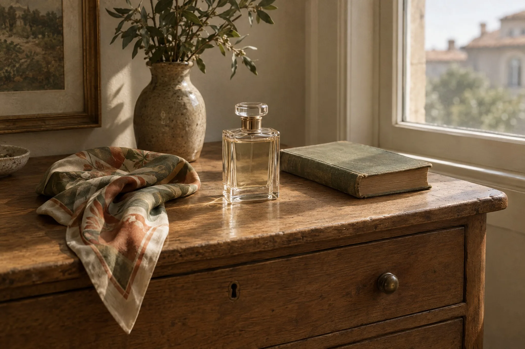 A perfume bottle, a silk scarf and an old book on a wooden dresser