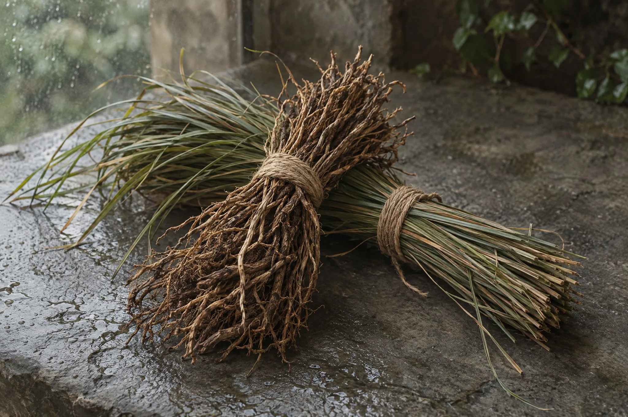 Two tied bundles of vetiver roots on wet stone